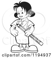 Clipart Of A Black And White Happy School Girl Holding A Giant Pencil Royalty Free Vector Illustration