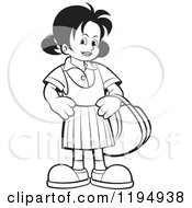 Clipart Of A Black And White Happy School Girl With A Bag Royalty Free Vector Illustration
