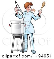 Clipart Of A Female Chef Holding A Pot Lid And Spoon Royalty Free Vector Illustration by Lal Perera