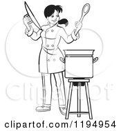 Poster, Art Print Of Black And White Female Chef Holding A Pot Lid And Spoon