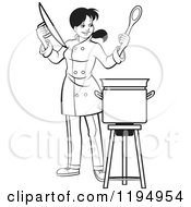 Clipart Of A Black And White Female Chef Holding A Pot Lid And Spoon Royalty Free Vector Illustration