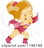 Cartoon Of A Super Hero Girl Pushing Royalty Free Vector Clipart