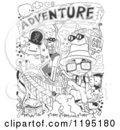Cartoon Of Black And White Adventure Doodles Royalty Free Vector Clipart