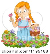 Happy Red Haired Girl Picking Flowers In A Garden