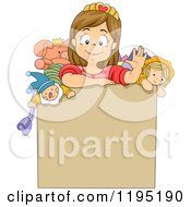 Cartoon Of A Happy Brunette Girl Waving From Inside A Toy Box Royalty Free Vector Clipart