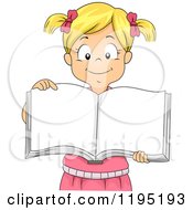 Poster, Art Print Of Happy Blond Girl Showing Pages Of An Open Book