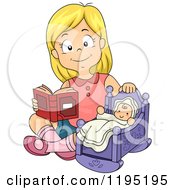 Poster, Art Print Of Happy Blond Girl Reading To A Baby Doll