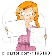 Cartoon Of A Happy Red Haired Girl Holding Blank Boards Royalty Free Vector Clipart