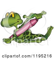 Cartoon Of A Frog Holding And Touching The Tip Of A Marker Royalty Free Vector Clipart by dero