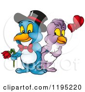 Cartoon Of A Love Bird Couple With Hearts And A Flower Royalty Free Vector Clipart by dero