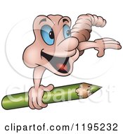 Cartoon Of A Happy Earth Worm With A Colored Pencil Royalty Free Vector Clipart