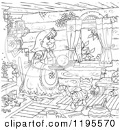 Poster, Art Print Of Outlined Woman Carrying A Smiley On A Tray Over A Cat In A Cabin