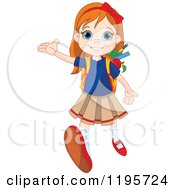 Poster, Art Print Of Happy Red Haired School Girl Holding Up A Hand And Walking Forward