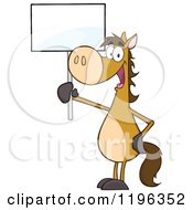 Cartoon Of A Happy Brown Horse Holding Up A Sign Royalty Free Vector Clipart