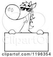 Cartoon Of An Outlined Horse Wearing Sunglasses And Holding Up A Sign Royalty Free Vector Clipart