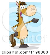 Cartoon Of A Brown Horse Standing Up And Presenting Over Blue Royalty Free Vector Clipart