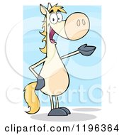Cartoon Of A White Horse Standing Up And Presenting Over Blue Royalty Free Vector Clipart