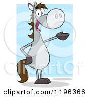 Cartoon Of A Gray Horse Standing Up And Presenting Over Blue Royalty Free Vector Clipart