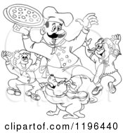 Clipart Of An Outlined Male Chef Holding Pizza Over Excited Children And A Dog Royalty Free Vector Illustration by LaffToon