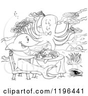 Poster, Art Print Of Outlined Octopus Serving A Shark Eating Lobster Under The Sea