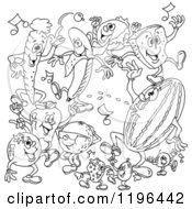 Clipart Of Outlined Steak Fruits And Vegetables Dancing To Music Royalty Free Vector Illustration