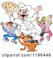 Happy Male Chef Holding Pizza Over Excited Children And A Dog