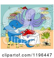 Octopus Serving A Shark Eating Lobster Under The Sea