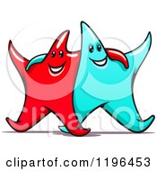 Cartoon Of Happy Red And Turquoise Stars With Their Arms Around Each Other Royalty Free Vector Clipart