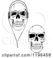 Clipart Of Black And White Cracked Skulls With Headphones 2 Royalty Free Vector Illustration