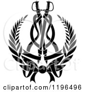 Clipart Of A Black And White Coat Of Arms Wreath With Swords And Ribbons Royalty Free Vector Illustration
