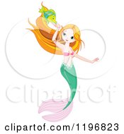 Cartoon Of A Pretty Mermaid Swimming With A Fish Friend Royalty Free Vector Clipart