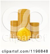 3d Golden Bit Coin And Stacks On White