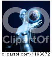 Clipart Of A 3d Android Woman With Earth Hovering Over Her Hand On Black Royalty Free CGI Illustration by Mopic