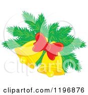 Cartoon Of A Golden Christmas Bells With Pine And A Bow Royalty Free Vector Clipart by Alex Bannykh