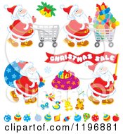 Cartoon Of Christmas Toys Gifts And Santas Royalty Free Vector Clipart