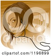 Poster, Art Print Of Woman Wearing Headphones Looking Over Her Shoulder Over Lines And Equalizer Bars
