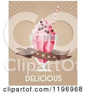Clipart Of A Retro Strawberry Milkshake With Stars Rays A Banner And Delicious Text Royalty Free Vector Illustration