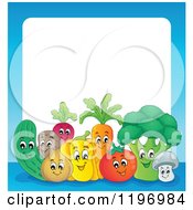 Poster, Art Print Of Group Of Happy Vegetables With A Blue Border And White Text Space