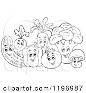 Poster, Art Print Of Group Of Outlined Happy Vegetables