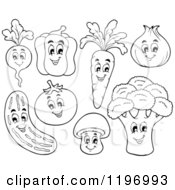 Cartoon Of Outlined Happy Vegetables Royalty Free Vector Clipart by visekart