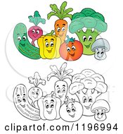 Poster, Art Print Of Groups Of Colored And Outlined Happy Vegetables