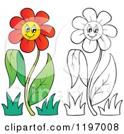 Poster, Art Print Of Happy Red And Outlined Daisy Flowers On A Stem