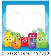 Poster, Art Print Of Group Of Happy Fruit And A Blue Frame Around White Text Space