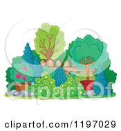 Poster, Art Print Of Landscaped Yard With Shrubs Trees And A Fence