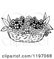 Clipart Of A Black And White Basket Of Flowers Royalty Free Vector Illustration