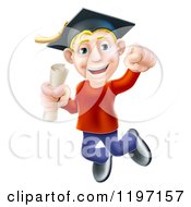 Poster, Art Print Of Happy Young Blond Graduate Man Jumping With A Scroll In Hand