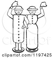 Clipart Of A Vintage Black And White Waving Doll Couple Royalty Free Vector Illustration
