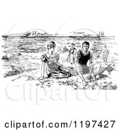 Clipart Of A Vintage Black And White Couple On A Beach Royalty Free Vector Illustration