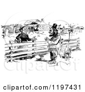 Clipart Of A Vintage Black And White Couple Talking On A Farm Royalty Free Vector Illustration