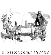 Clipart Of A Vintage Black And White Men Talking At A Table Royalty Free Vector Illustration